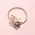 Detail of floral infant headband with pink mesh flowers and faux pearls on a nylon band - Dusty Pink Cream Forest Style (3)