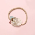 Detail of soft nylon infant headband featuring handmade fabric flowers and pearl accents - Cream Blue Gray Floral Cluster (1)