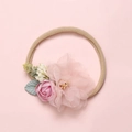 Pink floral baby headband with soft nylon band and delicate silk rose flower for infants - Nude Band Pink Silk Flower (17)