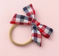 Close-up of red and white plaid bow headband with khaki high-elastic nylon band - Red Blue White Plaid (#18)