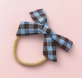Detailed macro view of checkered pattern infant headband with soft nylon elastic band - Crescent Moon Star