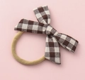 Brown and white plaid fabric bow hair tie with a soft beige elastic band for girls - Black Grid Rose