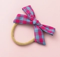 Pink checkered bow hair tie with a soft yellow elastic headband for baby girls - Pink Purple Blue Plaid (#3)