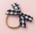 Toddler hair elastic with black and white gingham checkered bow detail on cream band - Black White Fine Plaid (#16)