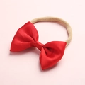 Detailed view of red satin bow headband with soft nude nylon high elasticity band for babies - Red (6)