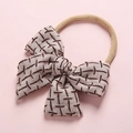 Linen bow baby headband with brown dashed pattern on a soft nylon elastic band - 6-Grey Beige Plaid