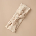 Detail of beige elastic baby headband with bow and white rainbow print pattern - White Rainbow Style (10)