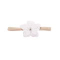 Detailed view of baby headband with a white fabric flower, pearls, and rhinestones - White Pearl Rhinestone Flower Style