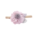 Pink fabric flower baby headband with grey pom-pom center and soft nude nylon elastic band - Pink Pleated Fabric Flower Style