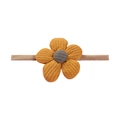 Detail of soft nylon baby headband featuring a knitted orange flower with grey center - Orange Yellow Knitted Flower Style