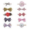 Set of 10 soft nylon baby headbands featuring colorful fabric bows and lace flowers - Full 10-Piece Set Style (Set)