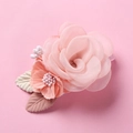 Close-up of pink fabric flower hair clip with translucent petals and delicate berries - Light Pink Translucent Gauze Rose (14)