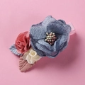 Detailed view of handmade blue mesh flower and ribbon rose on pink fabric covered hair clip - Blue Pink Contrast Style