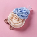 Detail of handmade satin rose hair clip with blue and beige flowers and ribbon wrap - Blue Beige Satin Rose (19)