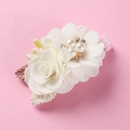 Detail of white 3D fabric flower hair clip with pearls and rhinestones on pink ribbon - White 3D Fabric Flower (12)