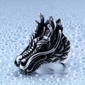 Gothic dragon head ring made of vintage stainless steel with detailed dragon scales carving - US Size 7 / Black Eye