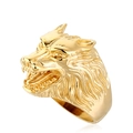 Polished golden stainless steel ring featuring a highly detailed wolf head design - US Size 7 / Gold