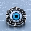 Detailed view of punk style stainless steel ring with blue eye held by metal claws - US Size 7 / Blue