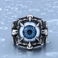 Macro shot of punk style stainless steel ring featuring a detailed blue devil's eye - US Size 7 / Gray