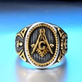 Polished silver and gold stainless steel Freemason ring with engraved G symbol - US Size 7 / Gold & Silver