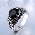 Vintage stainless steel men's ring with black faceted gemstone and floral engravings - US Size 7 / Black Rhinestone