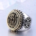 Chevalière vintage bicolore pour homme avec relief de la Vierge Marie Guadalupe - Taille US 7 / Bicolore Or et Argent