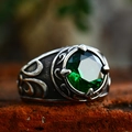 Vintage stainless steel ring for men featuring an emerald green gemstone and floral carving - US Size 7 / Green Zirconia