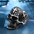 Gothic punk skull ring in silver steel finish with cross engraving on a blue background - US Size 7 / Steel