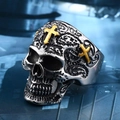 Vintage silver skull ring with gold cross accents and ornate floral carvings for men - US Size 9 / Gold & Silver