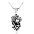 Retro stainless steel skull pendant necklace with feather headgear in antique silver - Vintage Indian Skull