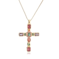 Luxe gouden kruis ketting met kleurrijke zirkoon edelstenen en fijne milgrain metalen rand - Gekleurd Kruis (25169)