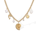 Golden Cuban chain necklace featuring sea shells, pearls, and dolphin ocean charms - Sea Snail Pendant Style (25215)