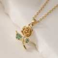 Elegant 18K gold plated sunflower pendant necklace with green zircons on white stone - Rose Style (25237)