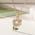 18K gold plated sunflower necklace with white pearl, zircon petals and green leaves - Four-Petal Flower Pearl Style (25238)