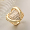 Elegant 18K gold plated copper heart ring with full pavé cubic zirconia inlay - Adjustable Open / Hollow Wave Heart Style (14761)