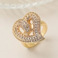 Luxurious 18K gold plated heart ring with sparkling pavé zircons for a romantic look - Adjustable Open / Overlapping Double Heart Style (14762)