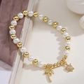 Beaded pearl bracelet with gold coconut tree and turtle charm pendants in beach style - Palm Tree & Turtle Charms Style (32350)