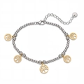 Bracciale di perle in zircone con cinque ciondoli albero della vita dorati in acciaio - Tono Oro e Argento (32399)