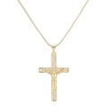 Collar con colgante de crucifijo de Jesús en oro pulido con cadena de caja y circón - Cruz Irregular con Relieve de Cabeza de Jesús (25463) / Dorado