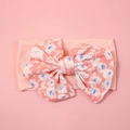 Detail of pink baby headband with large blue floral print bow and soft nylon fabric - 14.5*10.5cm / Light Pink Floral