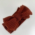Double-layered ribbed knit baby headband with a large caramel brown bow decoration - Caramel Ribbed Knit