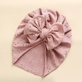 Baby Turban Mütze mit Spitze und großer Schleife aus weichem altrosa Strickstoff - Dunkle Hautfarbe Rot
