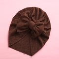 Detail of soft ribbed knit baby turban hat in brown with large bow decoration - 18x21cm / Brown