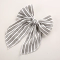 Handmade striped linen bow hair clip for girls with elegant long ribbon tails in grey and white - Gray