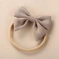 Linen baby headband with a large brown textured bow on high-elastic soft nylon band - Khaki