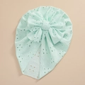 Detail of mint green baby turban hat featuring eyelet embroidery and a large bow - Emerald Green