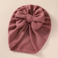 Detail of pink waffle knit baby turban hat with a large decorative bow for newborns - 21*19 cm / Korean Pink