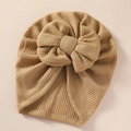 Detailed texture of khaki waffle knit baby turban hat with a large decorative bow - 21*19 cm / Earthy Yellow