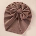 Detail of waffle-knit fabric and double bow knot on the newborn baby beanie - 21*19 cm / Brown