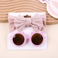 Pink knit bow headband and bear-shaped sunglasses set for infants on a display card - Bow Headband And Bear Sunglasses / Dusty Pink
